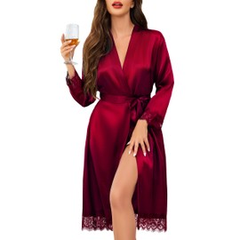 Lovasy Satin Bathrobe Women's Long Kimono Japanese Dressing Gown for Women Cuffs Made of Lace Bridal Bathrobe Wedding Party with Belt, Purple, red, XL