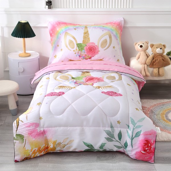 Wowelife Toddler Bedding Sets for Girls, Premium 4 Piece Unicorn Bedding Toddler Bed Set Rainbow, Pink Toddler Comforter Set, Super Soft and Comfortable for Toddler