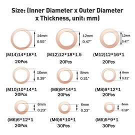 200 Piezas Juntas de Tapón de Drenaje de Aceite, 9 Tamaños de Cobre Rojo Aplastar Arandela Junta de Drenaje Tapón de la Arandela Plana de Sellado Anillos de Junta Espaciador Sello Surtido Set