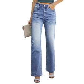 Sidefeel Women's Wide Leg Jeans Casual High Waisted Straight Zimbaplatinum Denim Pants Light Blue Size 12