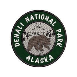 Denali National Park, Alaska Brown Bear Mountain Sunrise Scene Embroidered Premium Patch DIY Iron-on or Sew-on Decorative Badge Emblem Vacation Souvenir Travel Gear Clothes Appliques Adventure Series