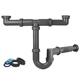 1-1/2 Inch Double Bowl Kitchen Sink Drain Kit - Universal Flexible P-Trap Pipe with Expandable Tailpiece (Wall & Floor Drain Compatible), Complete Plumbing Replacement Kit for 15"-24" Spacing