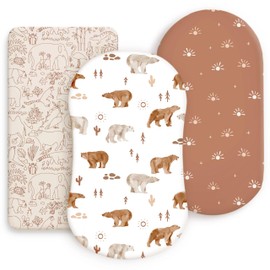 GRSSDER Stretchy Ultra Soft Bassinet Sheet 3 Pack, Universal Fit for Bassinets Baby Cradle Moses Basket Oval Rectangle Mattress or Changing Table Pad Safe and Snug, Stylish Print of Sunny Bear