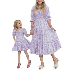 Mommy and Me Dresses Puffy Sleeve Summer Boho Ruffle Maxi Dress Mother Daughter Matching Outfits Mom and Baby Dresses (Women, Floral Purple, L)
