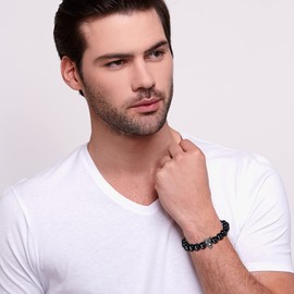 Flongo Viking Wolf Head Pendant Necklace and Beaded Bracelet , Black Agate Beads Stainless Steel Vintage Punk Biker Nordic Amulet Jewelry Set Gifts Father's Day, Silver (F198003)