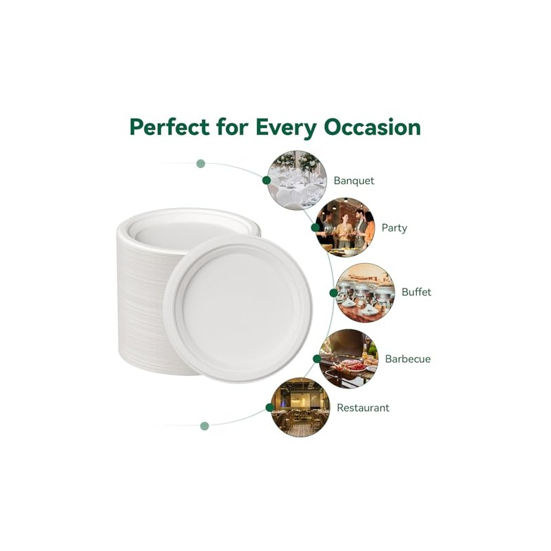 JOLLY CHEF 100% Compostable Paper Plates, 150 Pack 10 Inch