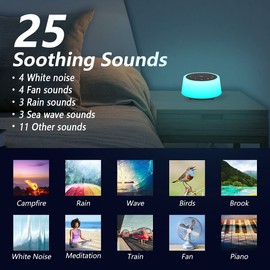Color Noise Sound Machines with 10 Colours, Night Light, 25 Calming Sounds, Sleep White Noise Device, 32 Volume Levels, 5 Timers, 3 Adjustable Brightness and Memory Function