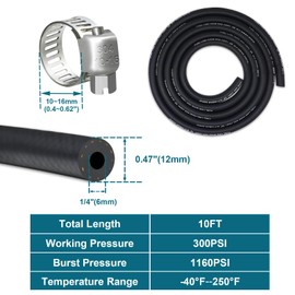 VWTNI 1/4 Fuel Line, Fuel Line Hose 10 Feet, NBR Rubber Gasoline Tube with 10 PCS Stainless Steel Fuel Line Clamps, Fuel Line Kit