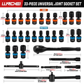 LLNDEI 1/4-Inch Drive Swivel Socket Set, 32 Pieces Standard SAE(5/32 to 9/16") Metric Size(4-15mm) CR-MO Wobble Sockets, 6 Point with Ratchet Wrench Handle, Extension Bars and Adapter