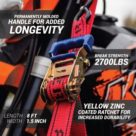 AEROFAST Loadfast Ratchet Tie Down Straps for Motorcycles | 1.5" x 8" Heavy Duty Dirt Bike Tie Down Straps with Soft Loop & Safety Carabiner | 2,600lbs (2 Pack) Red Color