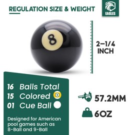 EAGLES Professional Billiard Ball Set – 2-1/4" Regulation Size Pool Table Balls – High-Density Poly-Resin for Precision Balance, Friction Resistance & True Roll – Complete 16 Ball Set