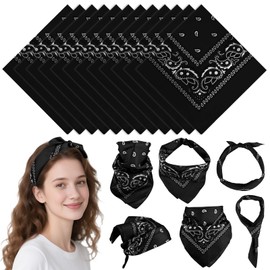 PLULON 12 Pcs Black Bandanas Bulk 21 x 21 Inch Paisley Pattern for Women Men, Head Scarf Cowboy Bandana Neon Square Handkerchiefs Outdoor Cycling Face Mask Headwear for Boy Girls 100% Polyester