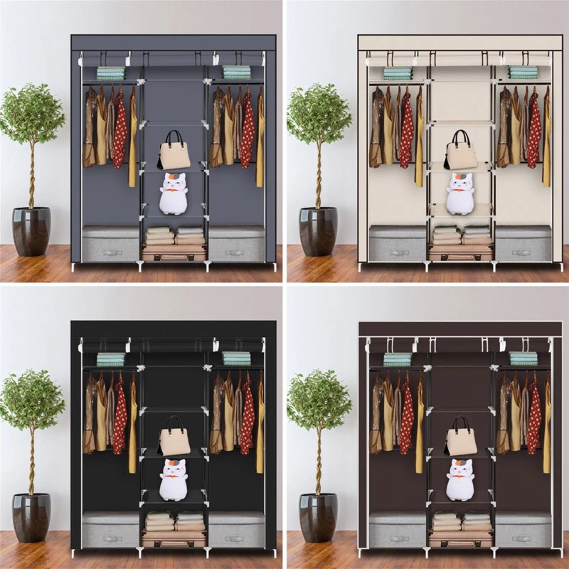 Portable Double Rod Storage Organizer 69\" Non-Woven Fabric Closet Wardrobe