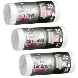 Extra Strong Pedal Bin Liners 15L Plastic Bags | Bin Liners with Tie Handles Pack of 105 count 3 x 35 pack | Plastic Bin Bags 64x92 cm