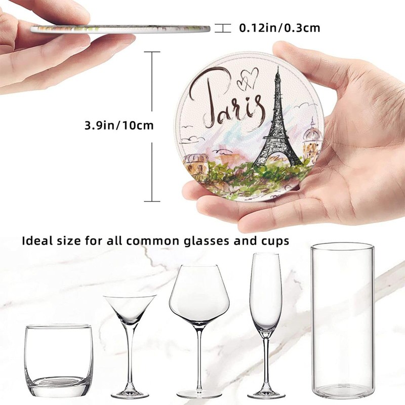 Pretty Paris Romantic Eiffel Tower Coasters for Drinks Round Leather