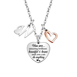 KENYG Necklace Gift for Boys Girls Heart Shape Pendant Necklaces With 26 Initial Letters,Inspirational Necklace for Daughter Niece Sistes Best Friends on Christmas Birthday (W)