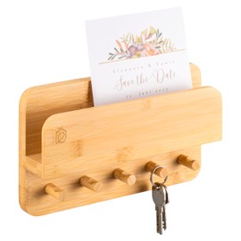 eluno Key Holder with Shelf and 5 Key Hooks, Key Holder, Key Holder, Modern Bamboo for Gluing or Drilling
