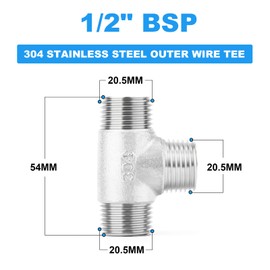 ERGAOBOY 2 Pcs Stainless Steel 304 1/2" BSP Male T Shaped 3 Way for Water/Oil/Gas