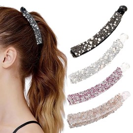 LQIOACU Pack of 4 Banana Clips, Rhinestone Beads Banana Hair Clips, Vintage Fishtail Hair Clip, Non-Slip Ponytail Holder Clip for Women (White, Black, Pink, Champagne)