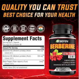 BEBEFEN Berberine Capsules with Black Pepper Extract - 90 Capsules - 3 Month Supply