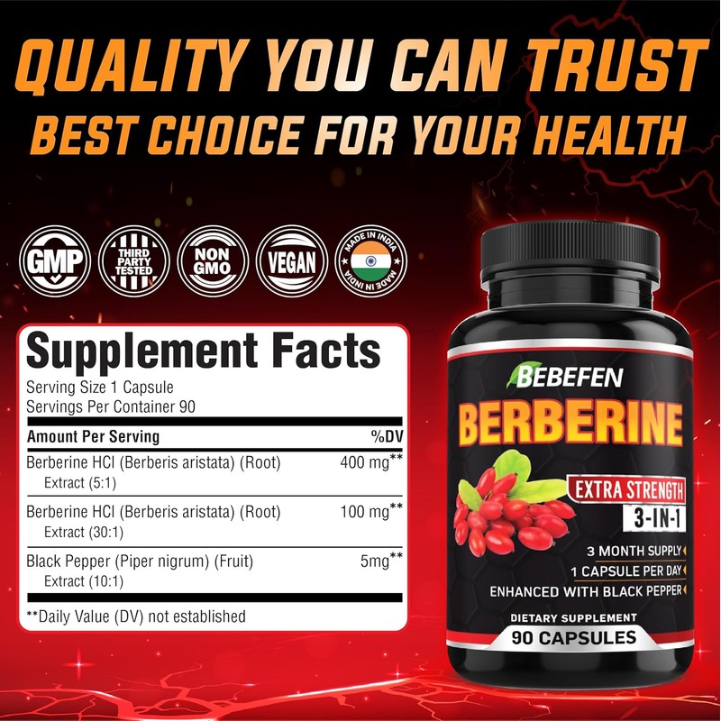 BEBEFEN Berberine Capsules with Black Pepper Extract - 90 Capsules