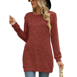Auremore Long Sweaters for Women Crewneck Sweatshirts Winter Clothes for Women Caramel