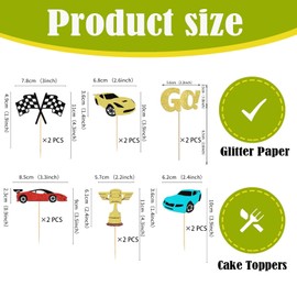 12 Pcs Race Car Cupcake Toppers – Glitter Race Car Trophy Cupcake Decorations for Motorsport Theme Parties, Birthdays Party Supplies