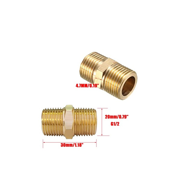 TOP-VIGOR 5Pcs Brass Pipe Fitting Hex Nipple, 1/2" x 1/2"