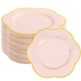 Liacere 100PCS Pink Plastic Plates - Pink Plastic Dinner Plates - Floral Disposable 10inch Heavy Duty Pink and Gold Dinner Plates, Perfect for Wedding & Party & Holiday
