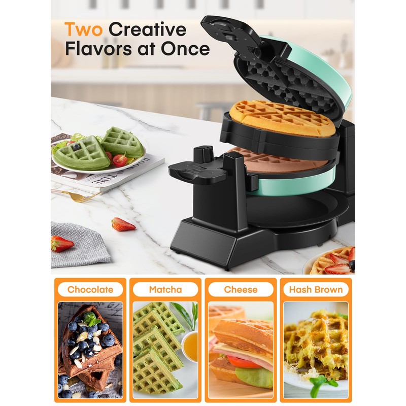 Waffle Maker, 1400W Double Belgian Waffle Iron 180° Flip, 8