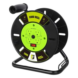 EP Extension Cord Storage Reel with 4-Grounded Outlets, Heavy Duty Open Cord Reel for 12/3 14/3 16/3 Power Cords, Portable Empty Hand Crank Electric Cord Roller Holder, Green