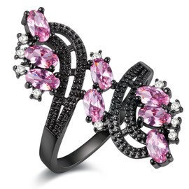 Uloveido Black Gun Plated Wide Tree Leaf Stacking Open Wrap Rings with Oval Cut Rhinestones for Women (Pink, Size 6) J656