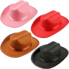 SGBETTER 4 Pack Child Cowboy Hat Felt Wide Brim Cowgirl Hat Western Hat for Kids Boys Girls Cosplay Party Costume Accessory (Black,Red,Brown,Pink)