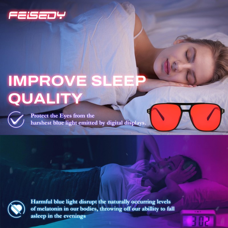 FEISEDY Retro 70s Blue Light Filter Glasses 99.99% Blue Light