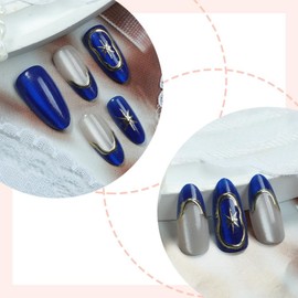 Blue Nail Press ons Star Fake Nails with Gold Line Design Glitter Glue on Nails French Tip Stick on Nails Glossy Artificial Acrylic Medium Almond False Nails for Women Girls Shiny Manicure 24Pcs