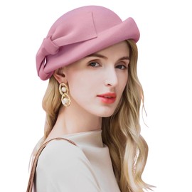 Z&X British Vintage Wool Felt Beret Hat Ladies Church Derby Winter Fascinator Hat Bowknot Fedoras Pink