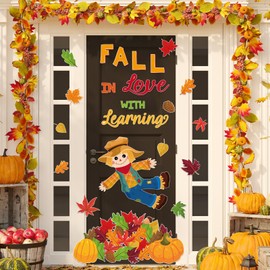 Fall Bulletin Board Decorations Set Autumn Scarecrow Maple Leaves Pumpkin Stickers Fall in Love with Learning Theme Door Decors for Thanksgiving Party School Class Chalkboard Window Clings