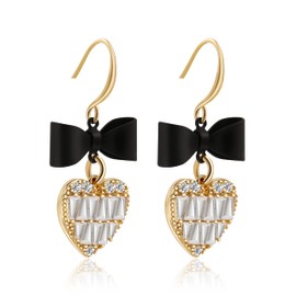 Gold Black Geometric Dangle Earrings - Pearl Heart Cubic Zirconia Statement Dangling Earring for Women Girls (Gold-Bow)