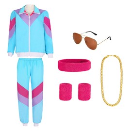 Lalieffacely 80er Retro Trainingsanzug Herren Damen,80er 90er Jahre Outfit Herren mit Sonnenbrille Halskette Schweißband, Faschingskostüme Damen Männer Partnerkostüme Erwachsene für Mottoparty Karneval (Blau, L)