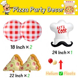 5Pcs Pizza Party Decorations/Special Delivery Pizza Baby Shower Decor/Pepperoni Pizza Slice Mylar Balloons with Chef Hat & Red Gingham Balloons for Italian Party, BBQ Picnic Spring Outdoor Decor
