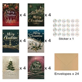 24Pack Christmas Greeting Cards with Envelopes & Stickers, Merry Christmas Cards Bulk, 5x7in Assorted Holiday Cards, Holiday Party Favors for Loved Ones, Friends and Family, 6 Designs - A