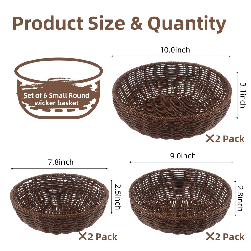 6-Pack Small Round Handwoven Wicker Baskets – Multi-Purpose Rattan Fruit