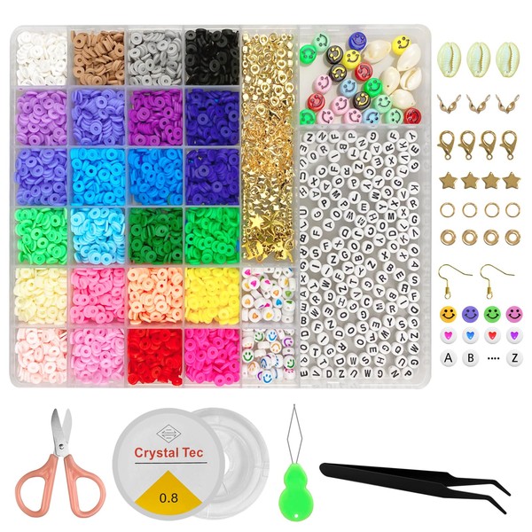 CNMTCCO Clay Beads Kit, 6400Pcs Flat Round Polymer Clay Beads for Bracelet Making, 24 Colors 6mm Heishi Clay Spacer Beads for Earring Necklace DIY with Letter Beads for Adults Kids