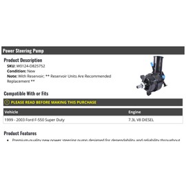 Marketplace Auto Parts - Power Steering Pump - with Reservoir - Compatible with 1999-2003 Ford F-550 Super Duty 7.3L V8 Diesel
