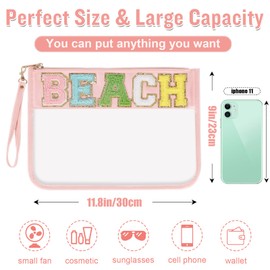 izuzta Chenille Letter Clear Bag Beach Purse Pouch, Monogram PVC & PU Clear Zipper Pouch with Wristlet, Waterproof Portable Glitter Snacks Makeup Beach Pouch Toiletry Bag for Women Girls (BEACH-Pink)