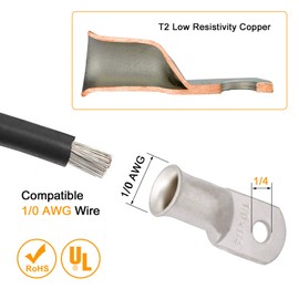 0 Gauge Tinned Copper Lugs 10 PCS 1/0 AWG - 1/4'' Cable Lugs UL Listed Terminals 1/0 Gauge Wire Lugs Battery Cable Ends Heavy Duty Closed End Crimp Copper Lugs with 10 PCS 3:1 Heat Shrink Tube