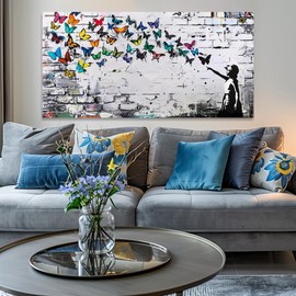 Colorful Graffiti Wall Art Funny Butterfly Paintings Banksy Street Art Mural Pop Art Home Office Wall Decor Framed Canvas Wall Decor for Living Room Ready to Hang -58x28in