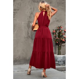 PRETTYGARDEN Women's Summer Maxi Sun Dress Sleeveless Halter Neck Flowy Ruffle Hem Long Boho Dresses with Belt (Solid Wine Red,Medium)