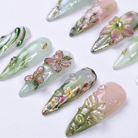 Press On Nails Dragonfly with Pink Flower 3D Nature Fake Nails in Long Almond Handmade Spring Nail Art for Holiday Vacation Birthday Glossy Finish:_Short Almond_M