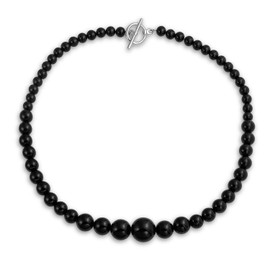 Elegant Simple Graduated Round Bead Ball Basic Black Onyx Strand Necklace Jewelry For Women Silver Plated Toggle Clasp 18 Inches
